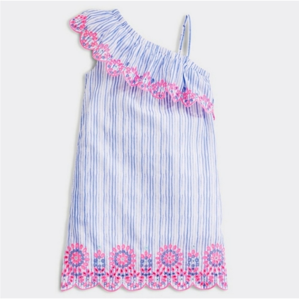 Vineyard Vines Blue & White Stripe One-Shoulder Dress with Pink Trim